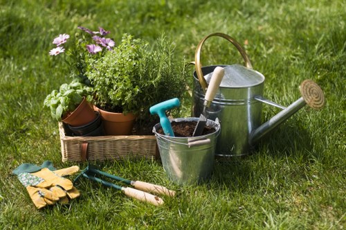 A neatly maintained backyard garden scene with a lush green lawn, bordered by a hedge that appears to be recently trimmed, typical of outdoor landscaping services in Shepherds Bush. In the foreground, there are various gardening tools including trowels, pruning shears, and a pair of gardening gloves resting on the grass, indicating recent or ongoing hedge trimming or planting activities. To the left, a small collection of potted plants with vibrant green foliage and delicate purple flowers adds colour to the scene. The background features a well-kept hedge that defines the boundary of the garden, with the section of grass showing a dense, healthy growth pattern. A weathered metal watering can with a wooden handle is placed nearby, suggesting regular garden watering. The lighting is natural and bright, indicating a clear day, ideal for outdoor gardening work in Shepherds Bush, supporting professional gardening and landscaping services provided by Hedge Trimming Shepherds Bush. The overall setting conveys a tidy, well-cared-for outdoor space ready for ongoing garden maintenance and enhancement.